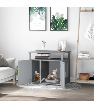 Wood Cat Litter Box Enclosure Furniture Adjustable Interior Wall Grey Pawhut