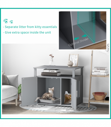 Wood Cat Litter Box Enclosure Furniture Adjustable Interior Wall Grey Pawhut