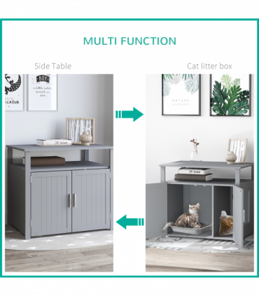 Wood Cat Litter Box Enclosure Furniture Adjustable Interior Wall Grey Pawhut