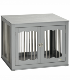 Wood Dog Crate Furniture W/ Three Doors, Locks & Latches, for Medium Dogs