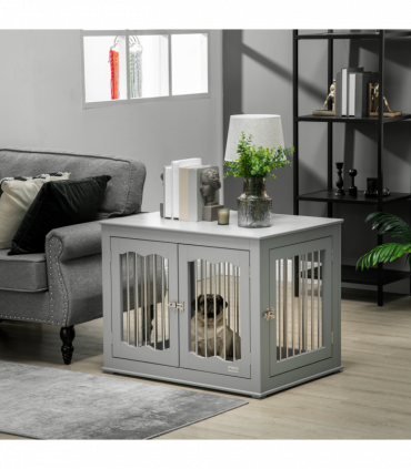 Wood Dog Crate Furniture W/ Three Doors, Locks & Latches, for Medium Dogs