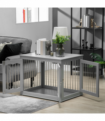 Wood Dog Crate Furniture W/ Three Doors, Locks & Latches, for Medium Dogs