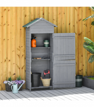 Wood Garden Storage Shed Tool Cabinet w/ Felt Roof, 189x82x49cm, Grey