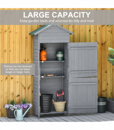 Wood Garden Storage Shed Tool Cabinet w/ Felt Roof, 189x82x49cm, Grey