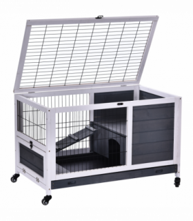 Wood Indoor Rabbit Hutch Elevated 2-Floor Guineas Pigs Cage w/ Wheels Pawhut