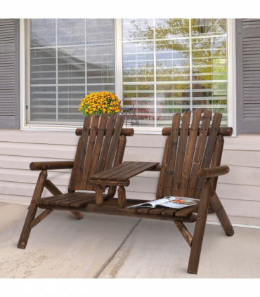 Wood Patio Chair Bench 2 Seats with Center Coffee Table, Garden Bench