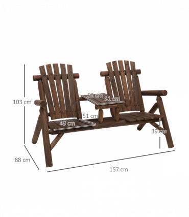 Wood Patio Chair Bench 2 Seats with Center Coffee Table, Garden Bench
