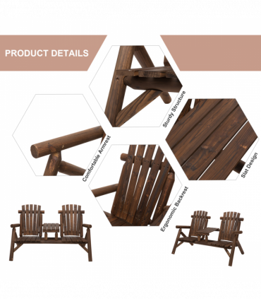 Wood Patio Chair Bench 2 Seats with Center Coffee Table, Garden Bench