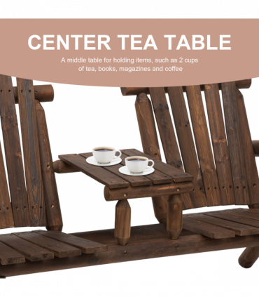 Wood Patio Chair Bench 2 Seats with Center Coffee Table, Garden Bench