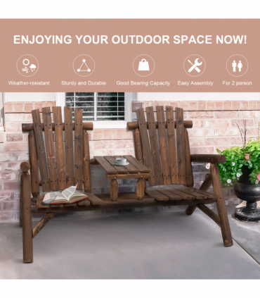 Wood Patio Chair Bench 2 Seats with Center Coffee Table, Garden Bench