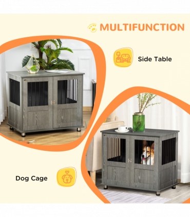 Wooden & Wire Dog Cage for Medium Dog, Stylish Pet Kennel w/ Magnetic Doors