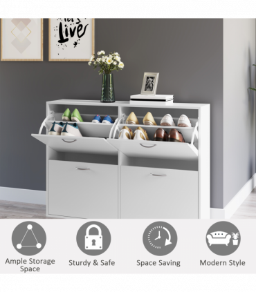 Wooden 4 Drawer Shoes Cabinet Multi Flip Down Shelf Drawer Organizer - White