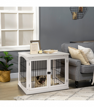 Wooden Dog Crate End Table Pet Puppy Cage w/Metal Wire for Small Dog White