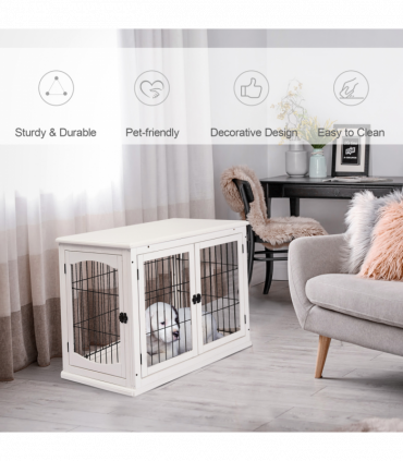 Wooden Dog Crate End Table Pet Puppy Cage w/Metal Wire for Small Dog White