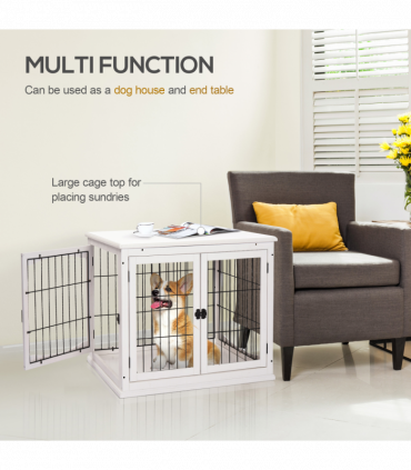Wooden Dog Crate End Table Pet Puppy Cage w/Metal Wire for Small Dog White