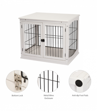 Wooden Dog Crate End Table Pet Puppy Cage w/Metal Wire for Small Dog White