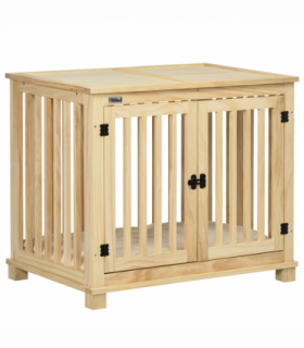 Wooden Dog Crate Furniture w/ Double Doors, Soft Cushion, for Medium Dogs