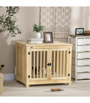 Wooden Dog Crate Furniture w/ Double Doors, Soft Cushion, for Medium Dogs