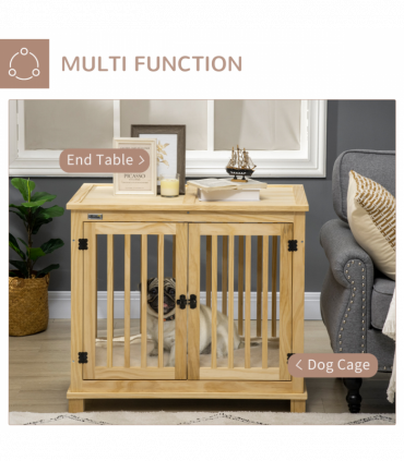 Wooden Dog Crate Furniture w/ Double Doors, Soft Cushion, for Medium Dogs