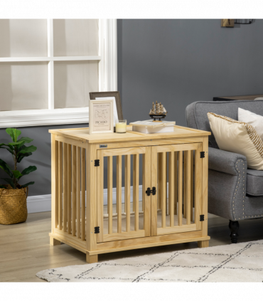 Wooden Dog Crate Furniture w/ Double Doors, Soft Cushion, for Medium Dogs