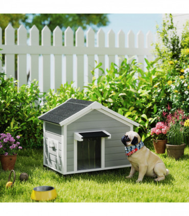 Wooden Dog House, Dog Kennel Outdoor w/ Openable Roof, Removable Floor, Curtain