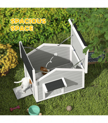 Wooden Dog House, Dog Kennel Outdoor w/ Openable Roof, Removable Floor, Curtain