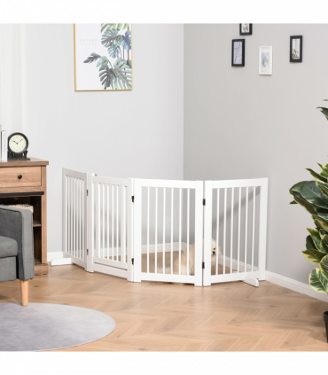 Wooden Freestanding Pet Gate 4 Panels 91cm Foldable Dog Fence w/ Support Feet