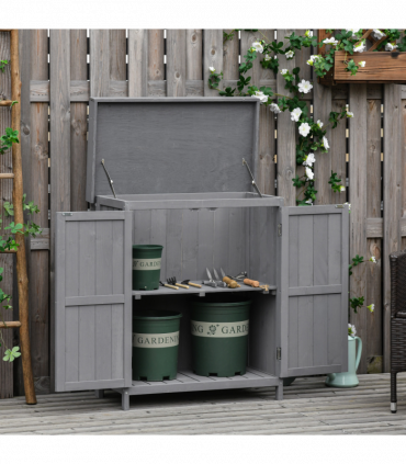 Wooden Garden Shed Double Door Tool Storage House, 74x43x88cm, Grey
