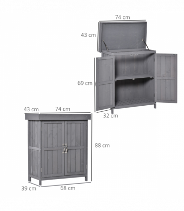 Wooden Garden Shed Double Door Tool Storage House, 74x43x88cm, Grey