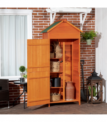 Wooden Garden Shed Outdoor Shelves Utility Tool Storage Cabinet Teak Outsunny