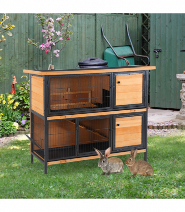 Wooden Metal Rabbit Hutch Pet House Bunny w/ Slide-Out Tray Outdoor Light Yellow