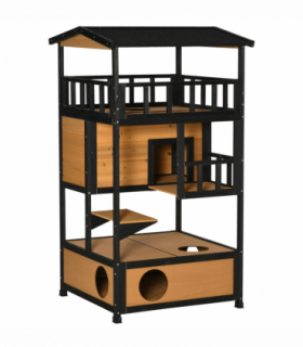 Wooden Outdoor Cat House 3-Tier Kitten Shelter w/ Tilted Roof Yellow