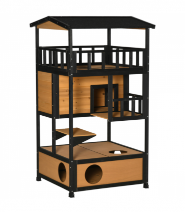 Wooden Outdoor Cat House 3-Tier Kitten Shelter w/ Tilted Roof Yellow