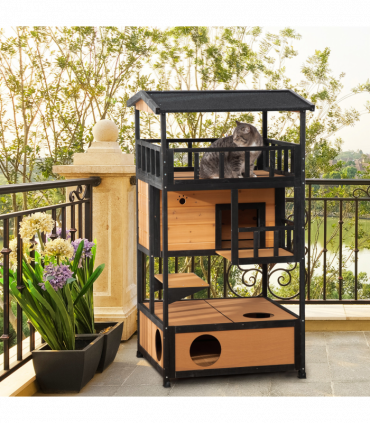 Wooden Outdoor Cat House 3-Tier Kitten Shelter w/ Tilted Roof Yellow