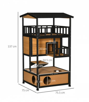 Wooden Outdoor Cat House 3-Tier Kitten Shelter w/ Tilted Roof Yellow