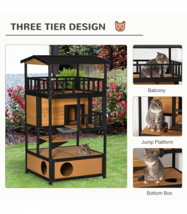 Wooden Outdoor Cat House 3-Tier Kitten Shelter w/ Tilted Roof Yellow