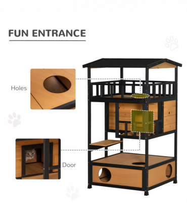 Wooden Outdoor Cat House 3-Tier Kitten Shelter w/ Tilted Roof Yellow