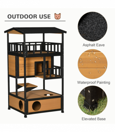 Wooden Outdoor Cat House 3-Tier Kitten Shelter w/ Tilted Roof Yellow