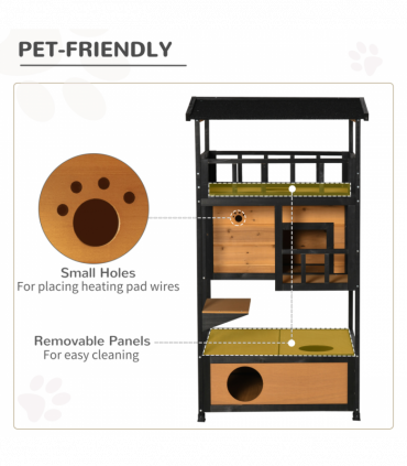 Wooden Outdoor Cat House 3-Tier Kitten Shelter w/ Tilted Roof Yellow
