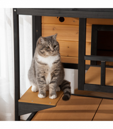 Wooden Outdoor Cat House 3-Tier Kitten Shelter w/ Tilted Roof Yellow