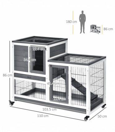 Wooden Rabbit Hutch Bunny Guinea Pigs House Cage Wheels Indoor 110 x 50 x 86cm