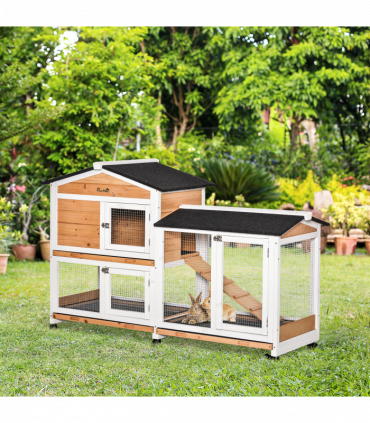 Wooden Rabbit Hutch Guinea Pig Cage Wheels, Run, Slide-Out Tray, Ramp Pawhut