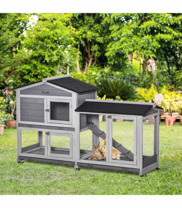 Wooden Rabbit Hutch, Guinea Pig Cage w/ Wheels, Slide-Out Tray, Ramp Light Grey