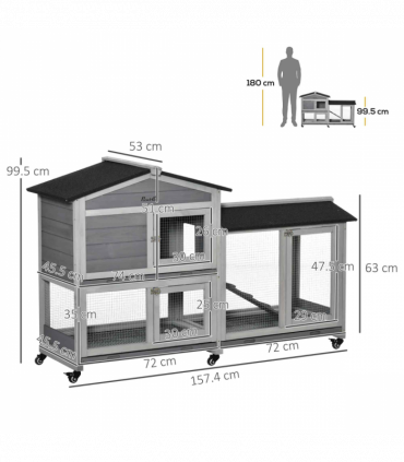 Wooden Rabbit Hutch, Guinea Pig Cage w/ Wheels, Slide-Out Tray, Ramp Light Grey