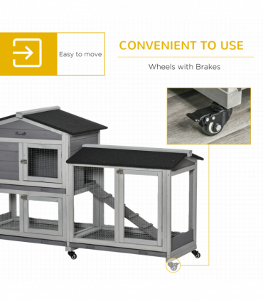 Wooden Rabbit Hutch, Guinea Pig Cage w/ Wheels, Slide-Out Tray, Ramp Light Grey