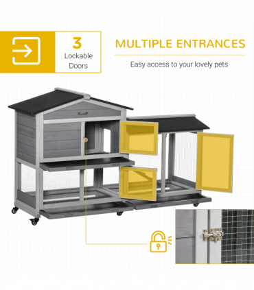 Wooden Rabbit Hutch, Guinea Pig Cage w/ Wheels, Slide-Out Tray, Ramp Light Grey