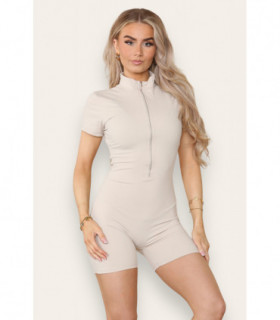Zip Front Cap Sleeves Ribbed Unitard Shorts Set