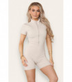 Zip Front Cap Sleeves Ribbed Unitard Shorts Set