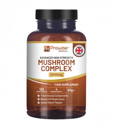 dvanced Mushroom Complex 2000mg | A super blend of 6 Mushroom with Lions Mane, Chaga, Cordyceps, Shiitake, Reishi and Maitake with Black Pepper | 120 Vegan High Strength Tablets | Made in UK by Prowise