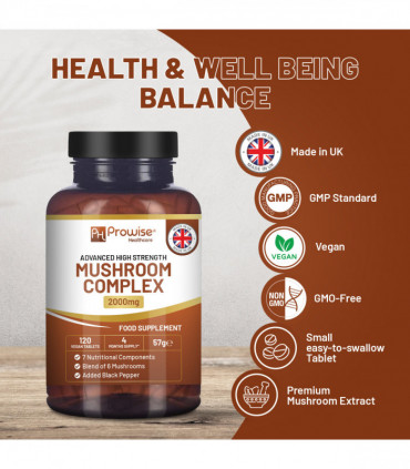dvanced Mushroom Complex 2000mg | A super blend of 6 Mushroom with Lions Mane, Chaga, Cordyceps, Shiitake, Reishi and Maitake with Black Pepper | 120 Vegan High Strength Tablets | Made in UK by Prowise